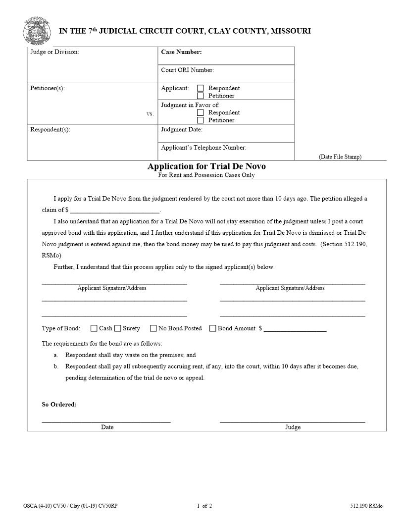 Application For Trial-De-Novo-Rent-Possession {CV50RP} | Pdf Fpdf Docx | Missouri
