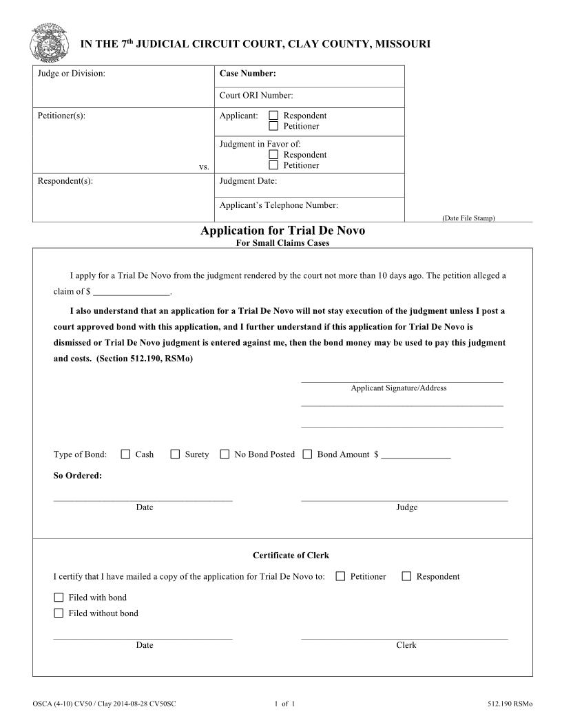 Application For Trial-De-Novo-Small-Claims {CV50SC} | Pdf Fpdf Docx | Missouri