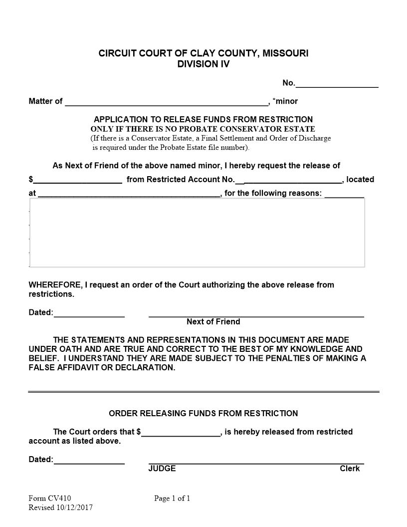 Application To Release Funds From Restriction {CV410} | Pdf Fpdf Docx | Missouri