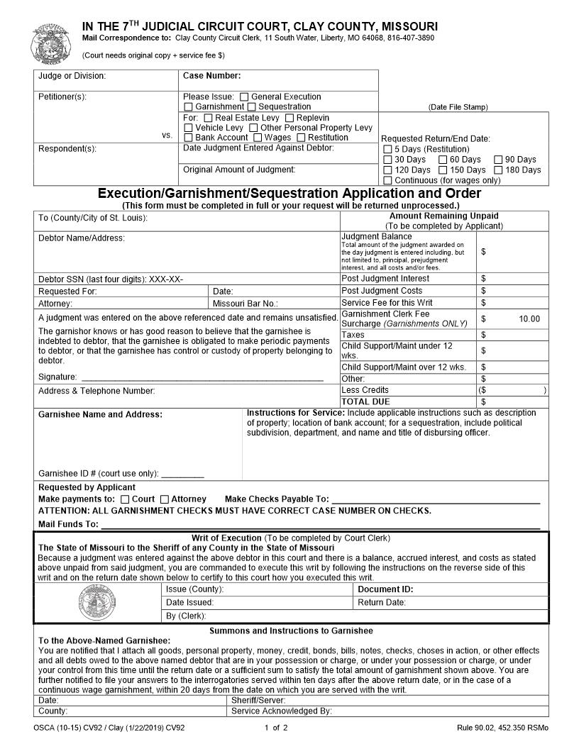 Execution-Garnishment-Sequestration-Application And Order {CV92} | Pdf Fpdf Docx | Missouri