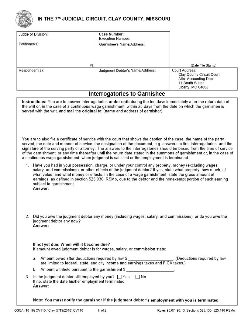 Interrogatories To Garnishee {CV110} | Pdf Fpdf Docx | Missouri