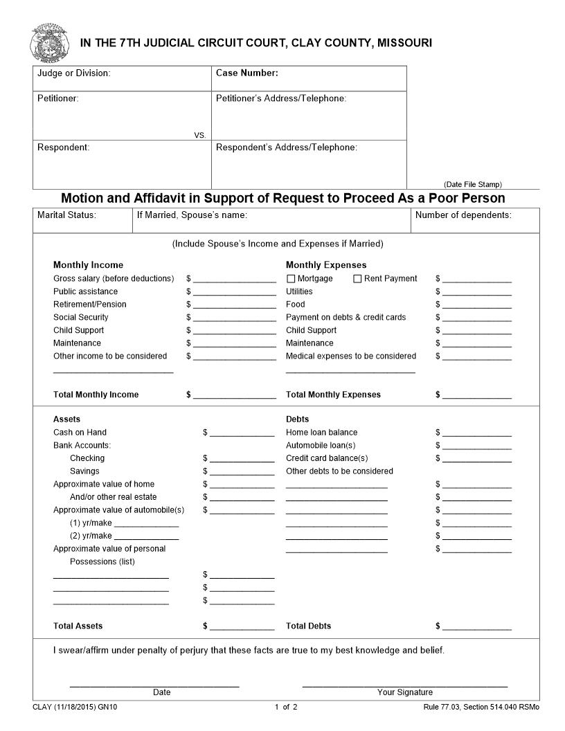 Motion And Affidavit In Support Of Request To Proceed As A Poor Person {GN10} | Pdf Fpdf Docx | Missouri