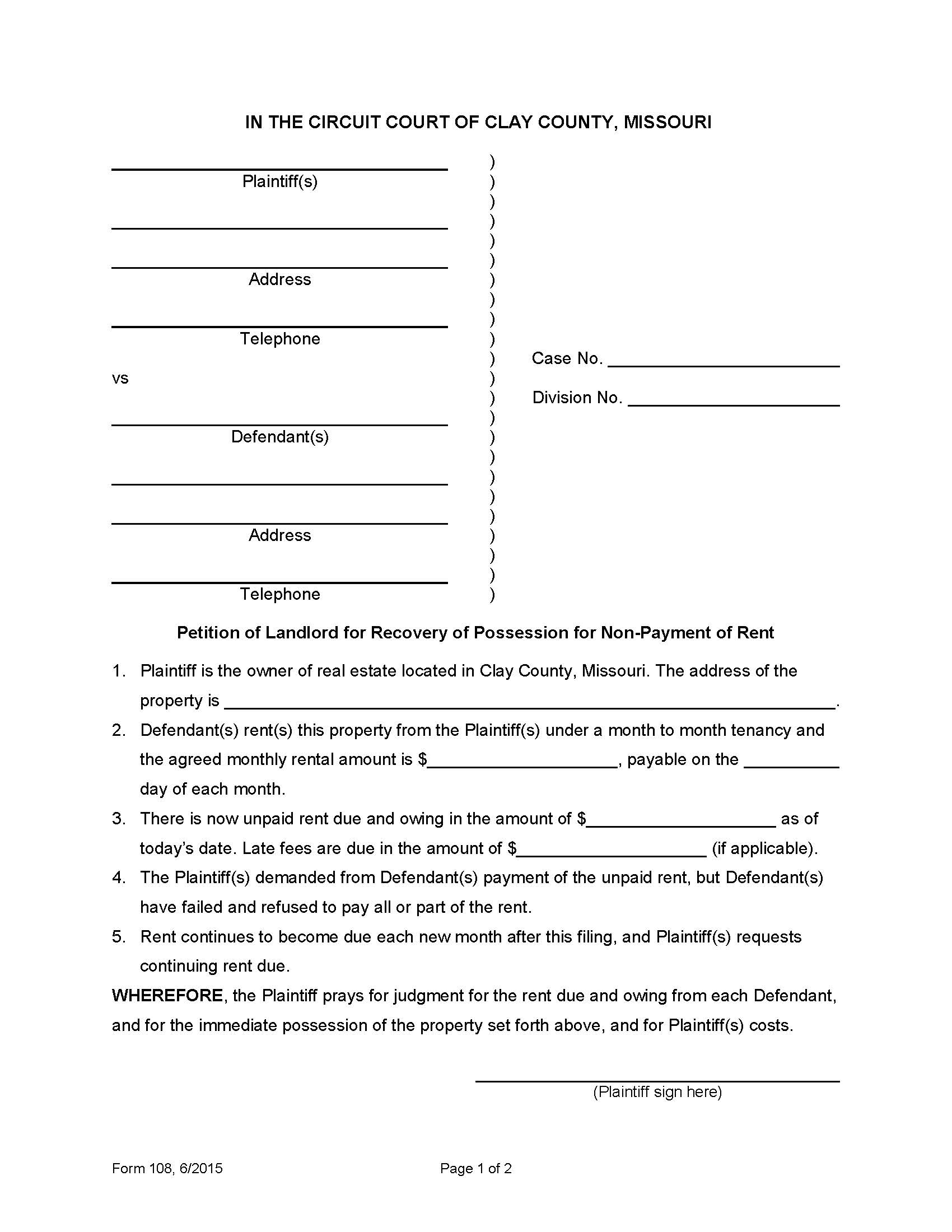 Petition Of Landlord For Recovery Of Possession {108} | Pdf Fpdf Docx | Missouri