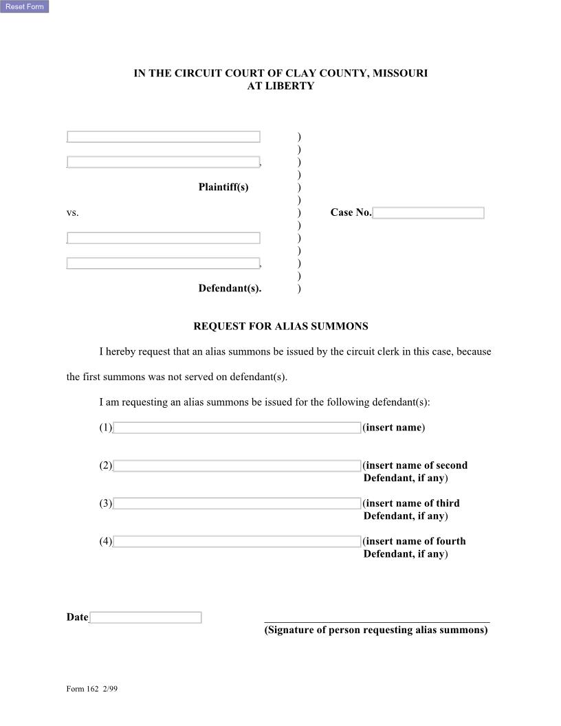 Request For Alias Summons {162} | Pdf Fpdf Docx | Missouri