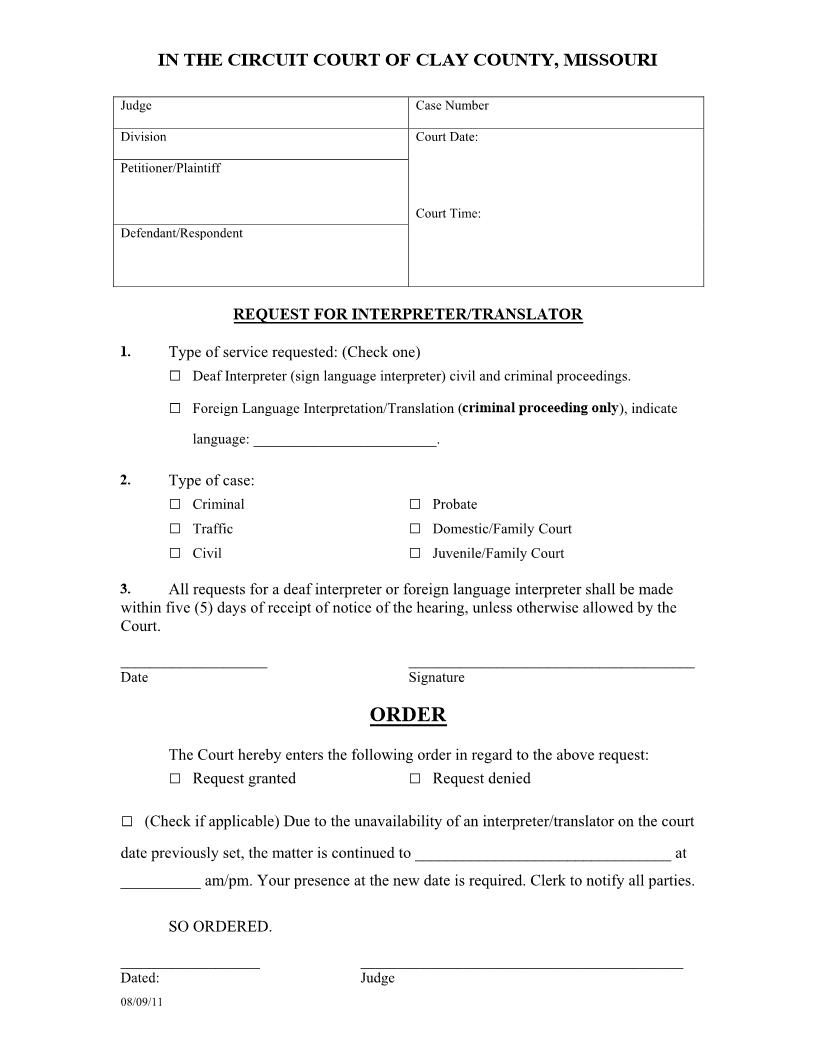 Request For Interpreter | Pdf Fpdf Docx | Missouri