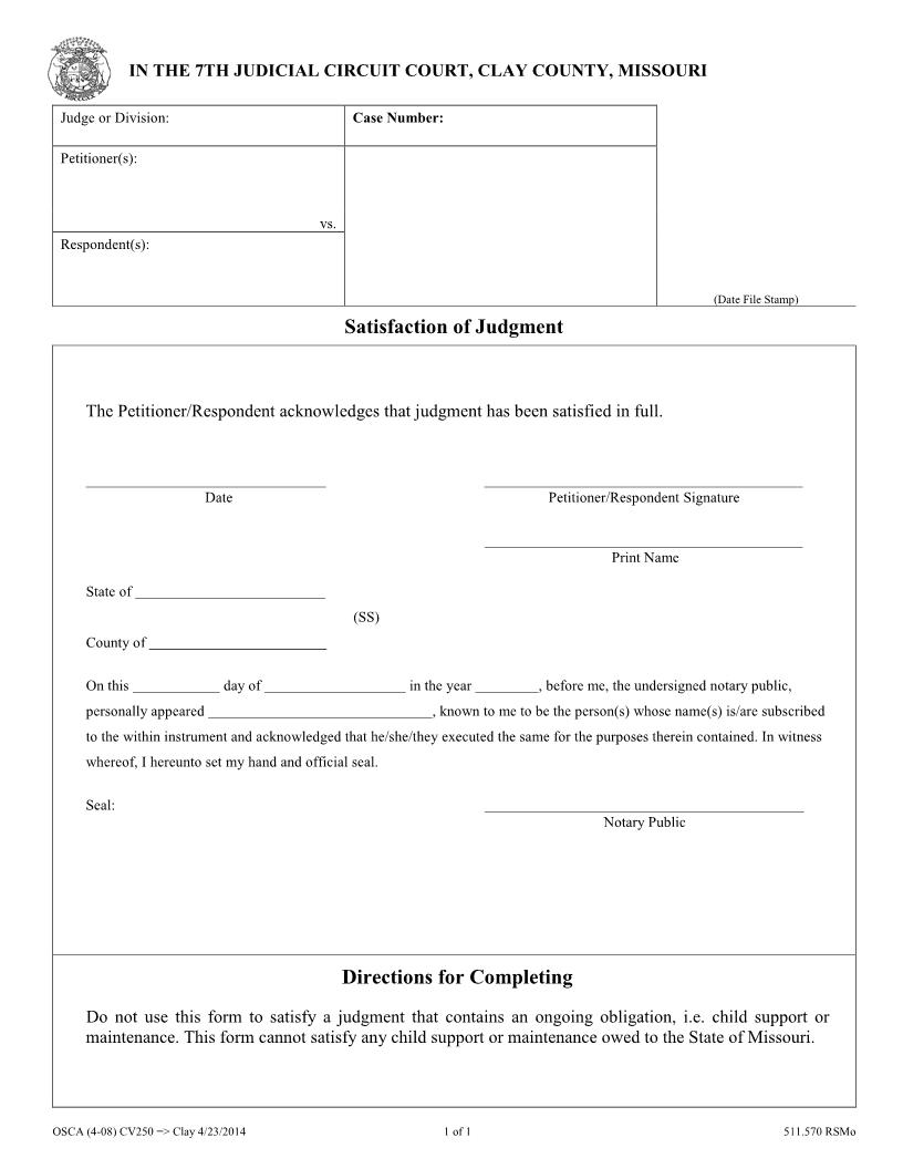 Satisfaction Of Judgment {CV250} | Pdf Fpdf Docx | Missouri