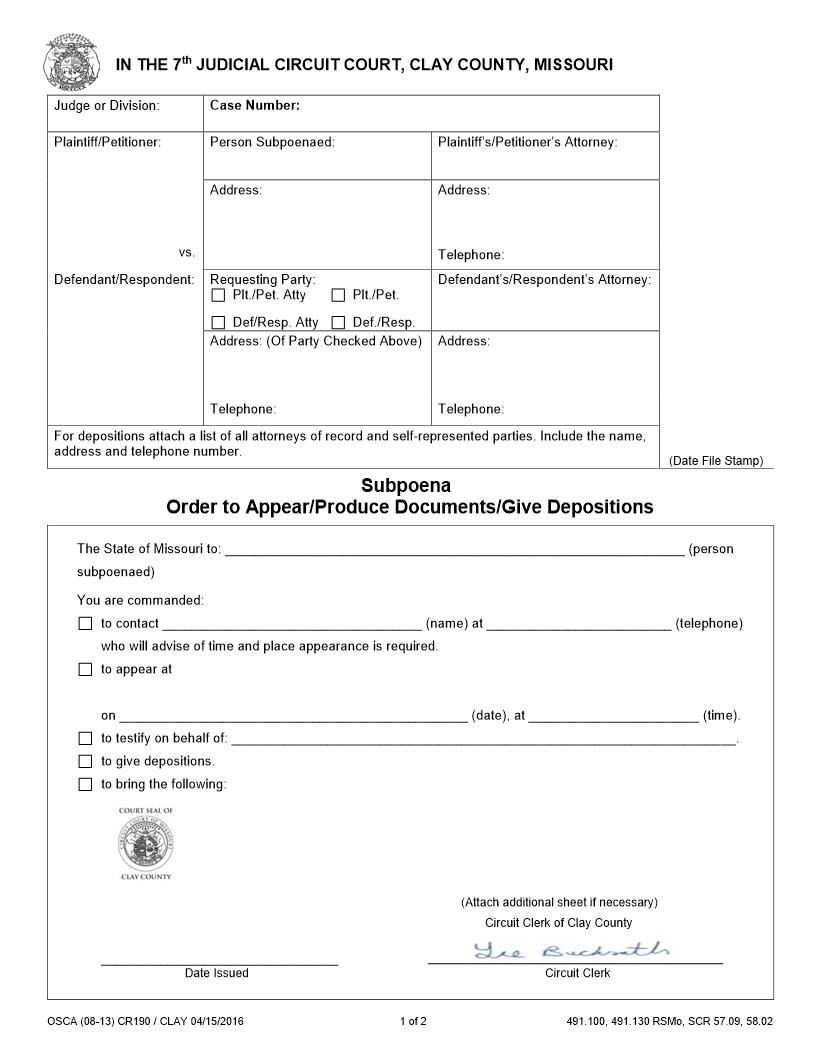 Subpoena {CR190} | Pdf Fpdf Docx | Missouri