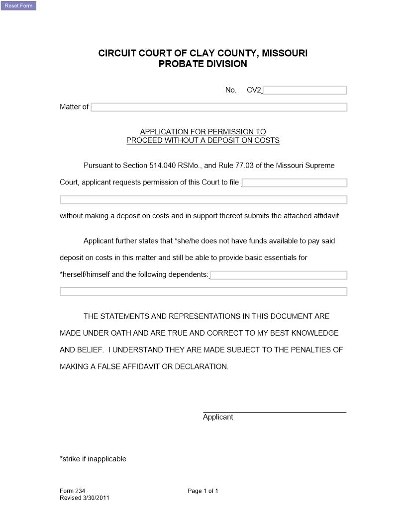 Application For Permission To Proceed Without Deposit {234} | Pdf Fpdf Docx | Missouri