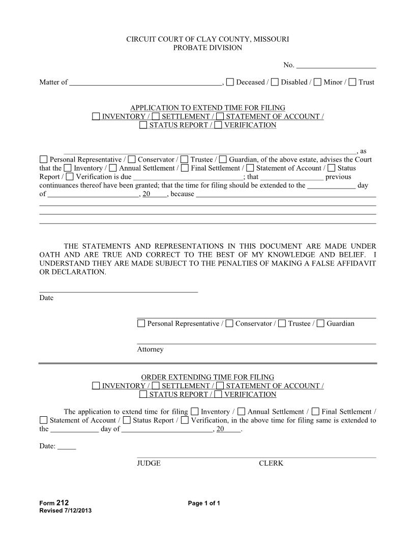 Application To Extend Time For Filing {212} | Pdf Fpdf Docx | Missouri