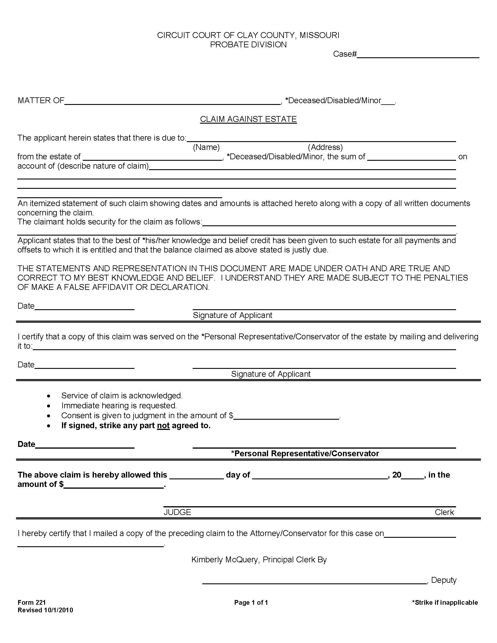 Claim Against Estate {221} | Pdf Fpdf Docx | Missouri