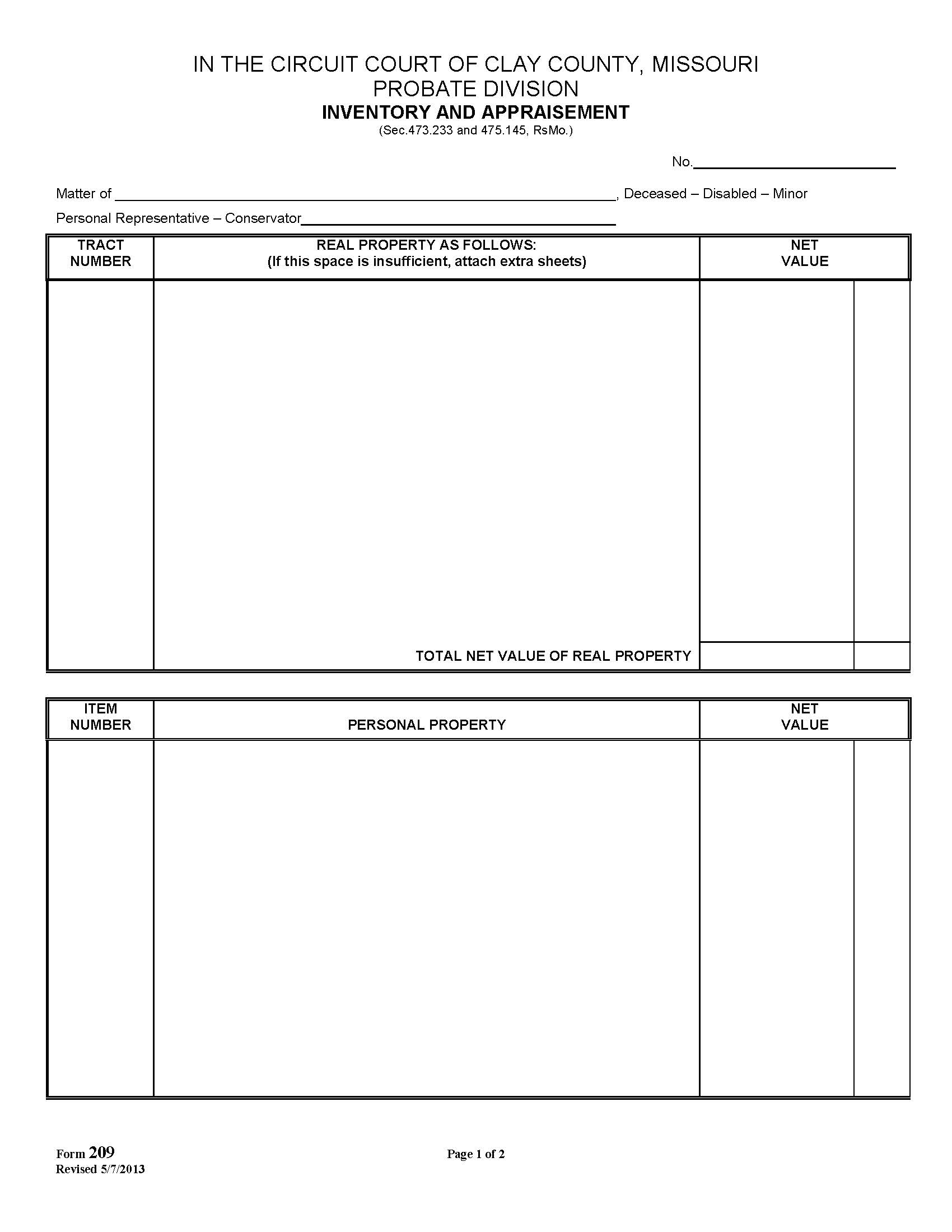 Inventory And Appraisement {209} | Pdf Fpdf Docx | Missouri