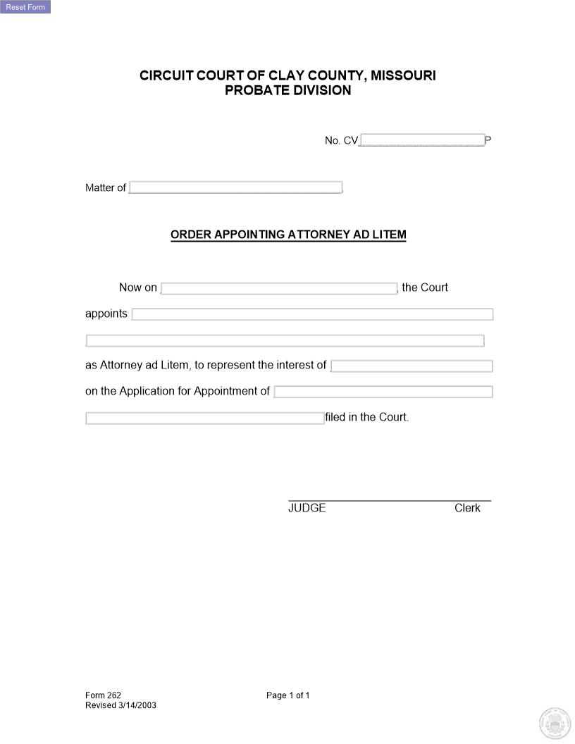 Order Appointing Attorney Ad Litem {262} | Pdf Fpdf Docx | Missouri