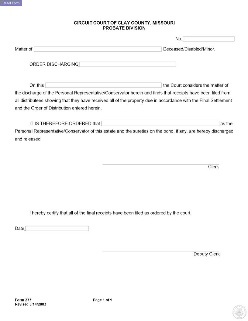 Order Discharging Rep Or Conservator {233} | Pdf Fpdf Docx | Missouri