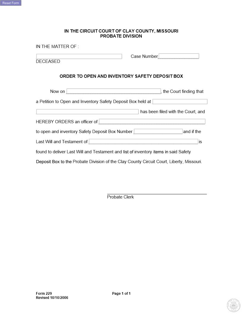 Order To Open Safe Deposit Box {229} | Pdf Fpdf Docx | Missouri