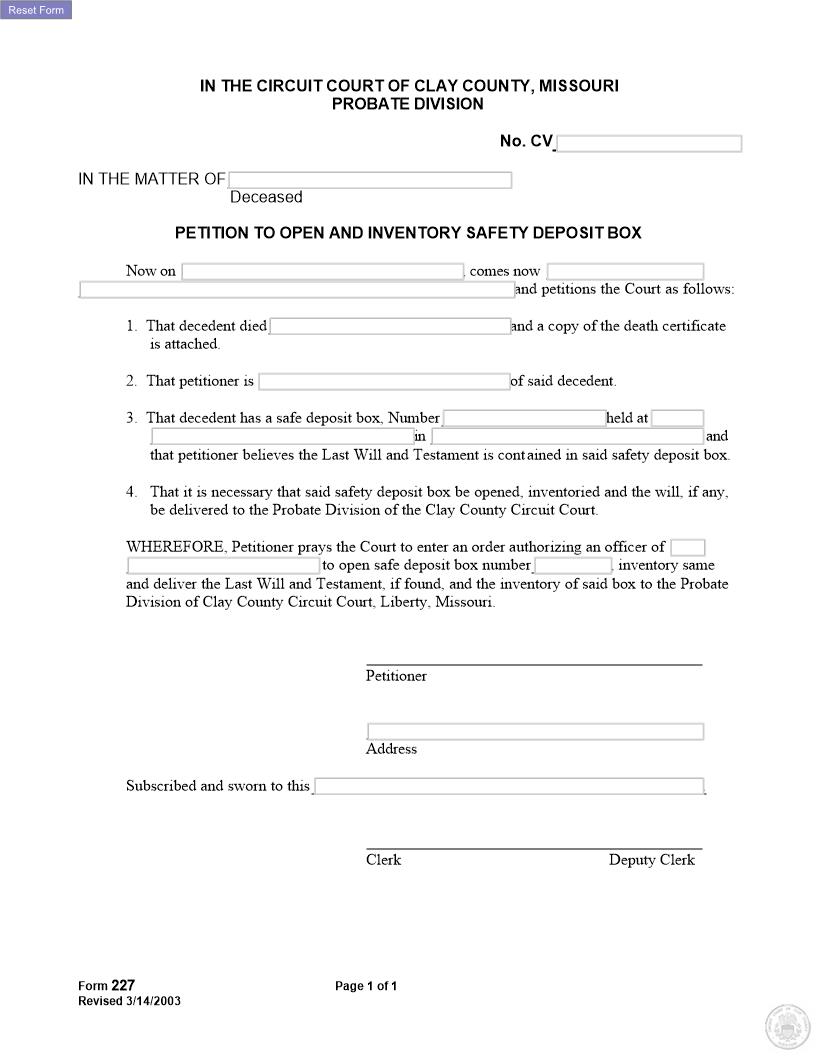 Petition To Open Safe Deposit Box {227} | Pdf Fpdf Docx | Missouri