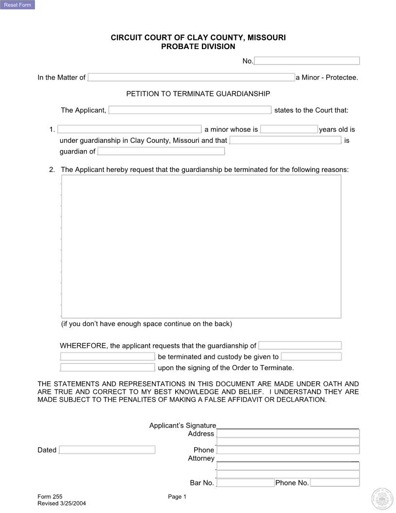 Petition To Terminate Guardianship {255} | Pdf Fpdf Docx | Missouri