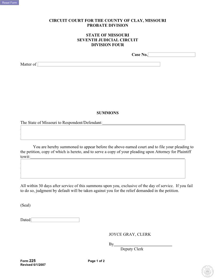 Summons {225} | Pdf Fpdf Docx | Missouri