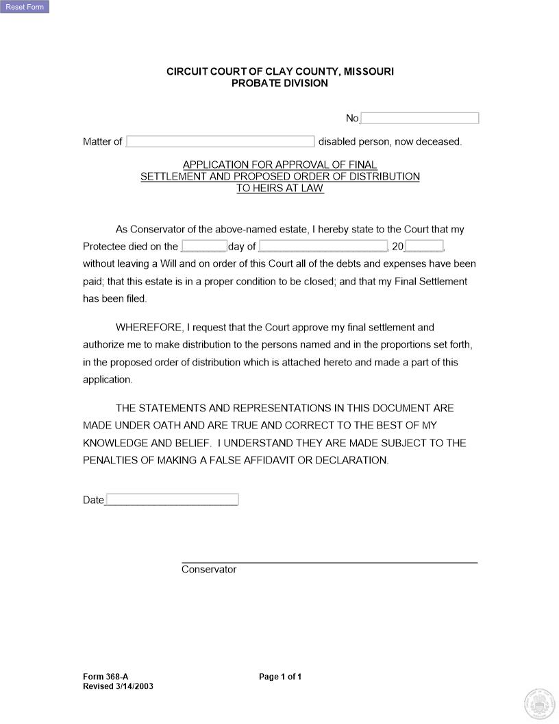 Application For Approval Of Final Settlement To Heirs {368-A} | Pdf Fpdf Docx | Missouri