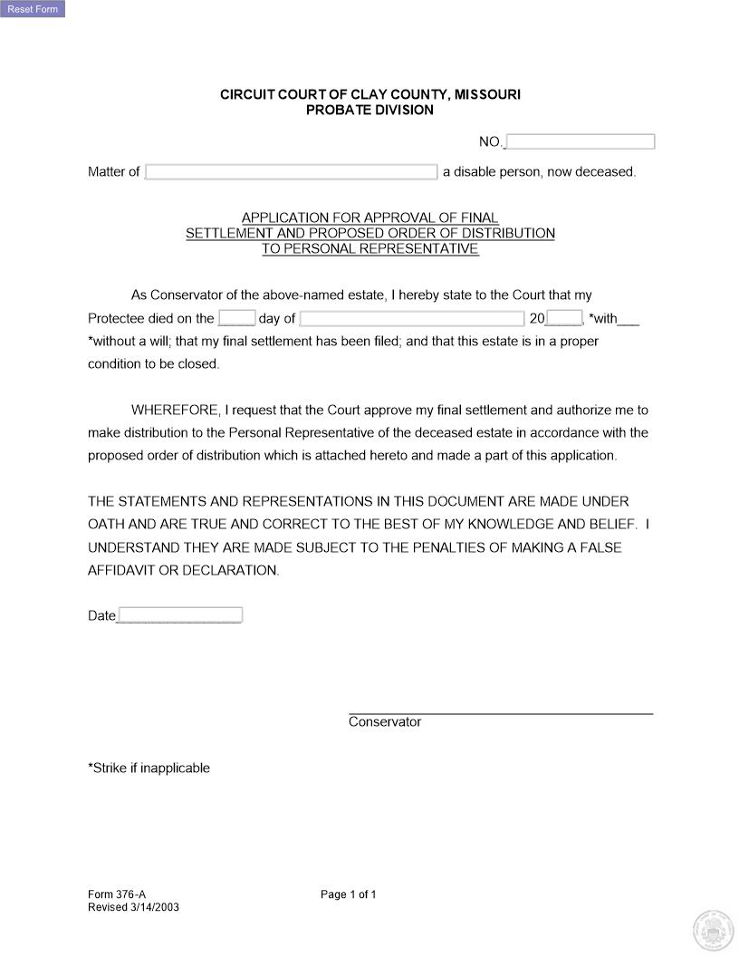 Application For Approval Of Final Settlement To Personal Rep {376-A} | Pdf Fpdf Docx | Missouri