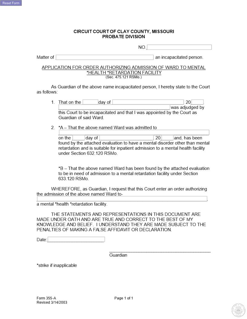 Application For Order Authorizing Admission Of Ward {355-A} | Pdf Fpdf Docx | Missouri