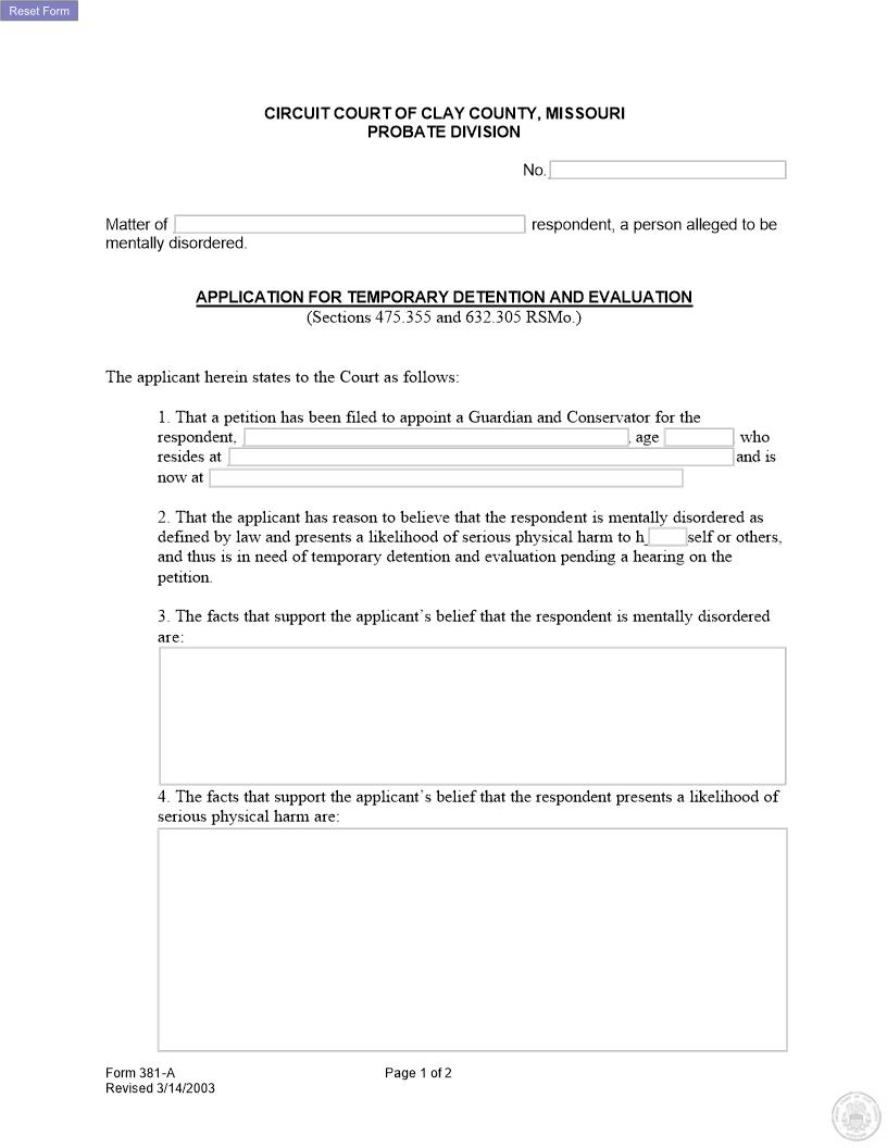 Application For Temporary Detention {381-A} | Pdf Fpdf Docx | Missouri