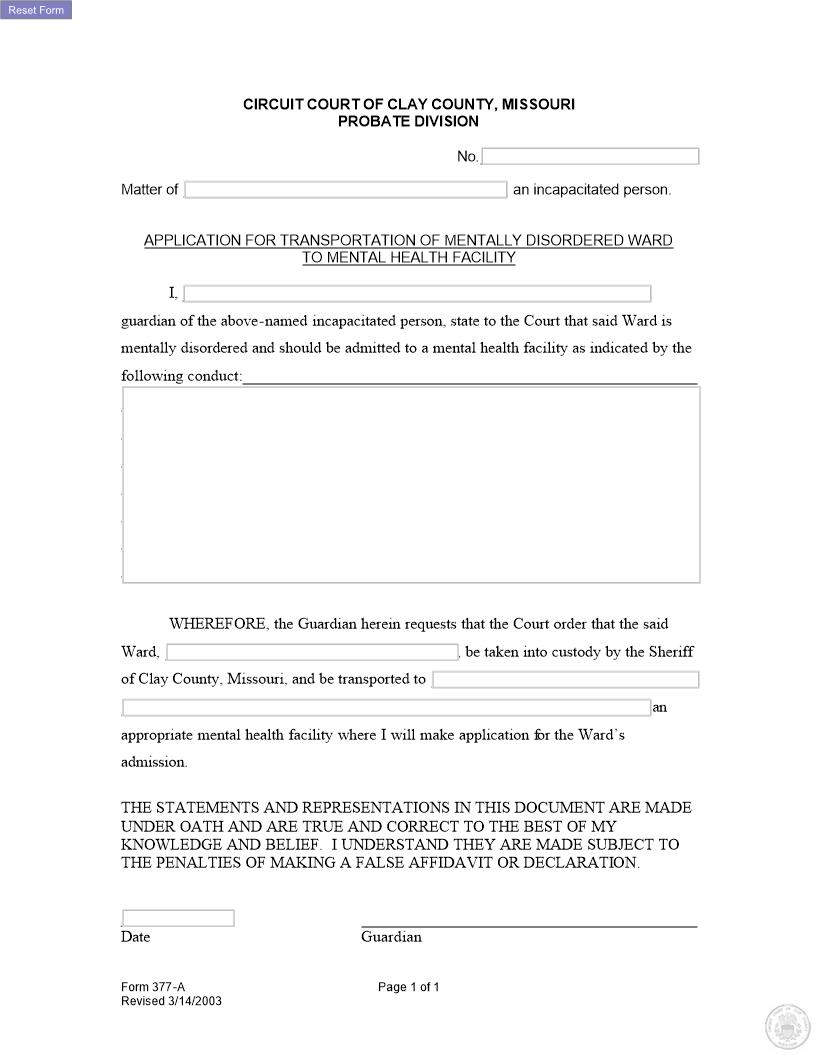 Application For Transportation Of Ward To Facility {377-A} | Pdf Fpdf Docx | Missouri