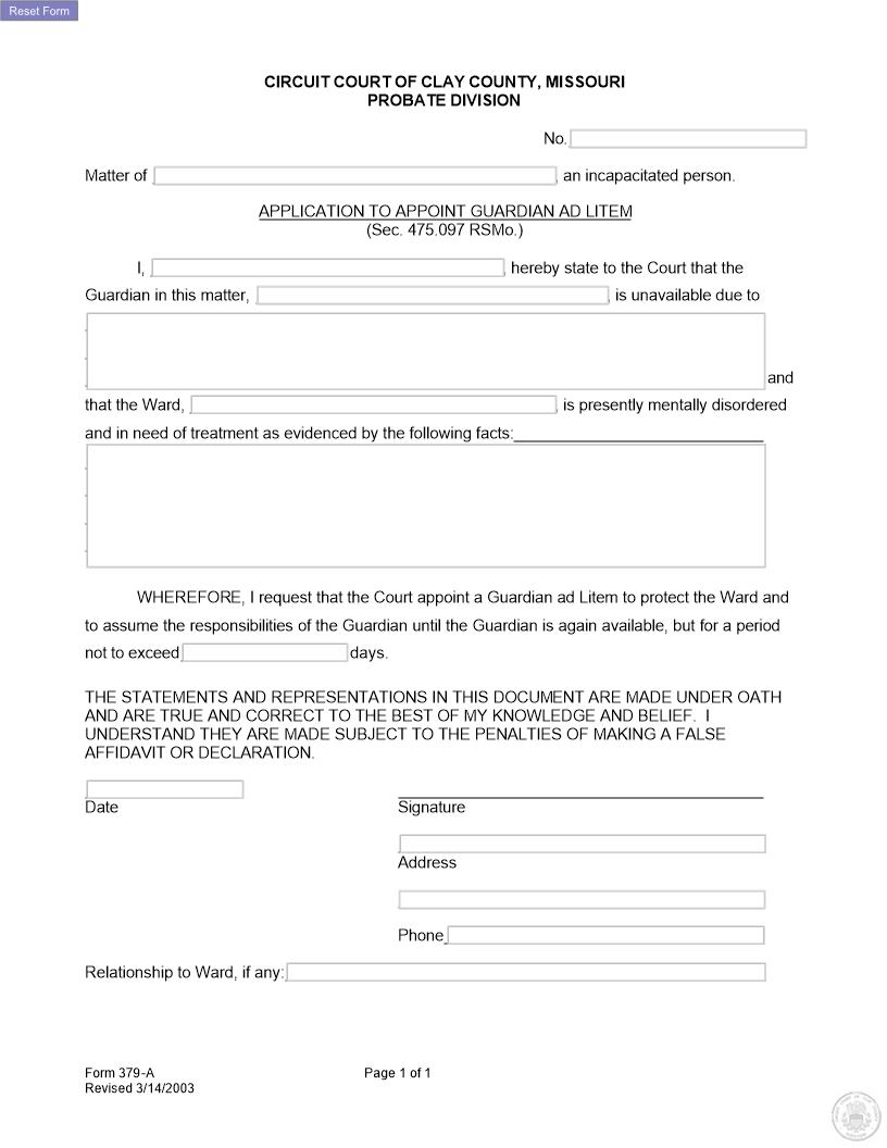 Application To Appoint Guardian Ad Litem {379-A} | Pdf Fpdf Docx | Missouri
