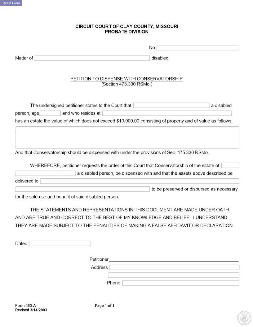 Application To Dispense With Conservatorship {363-A} | Pdf Fpdf Docx | Missouri