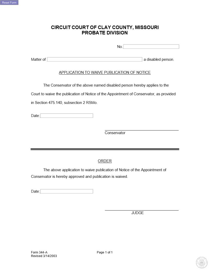 Application To Waive Publication Of Notice {344-A} | Pdf Fpdf Docx | Missouri