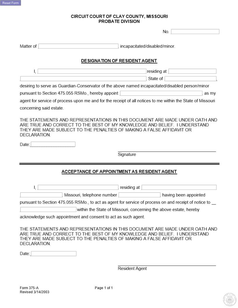 Designation Of Resident Agent {375-A} | Pdf Fpdf Docx | Missouri