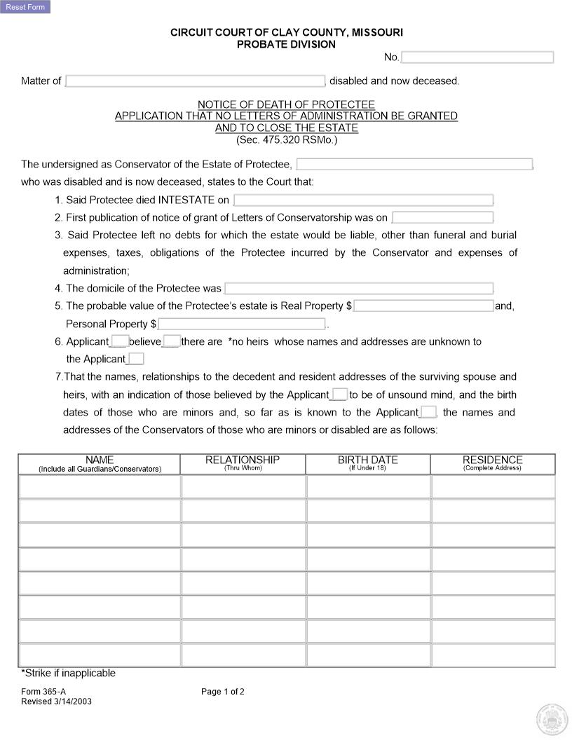Notice Of Death Of Protectee {365-A} | Pdf Fpdf Docx | Missouri