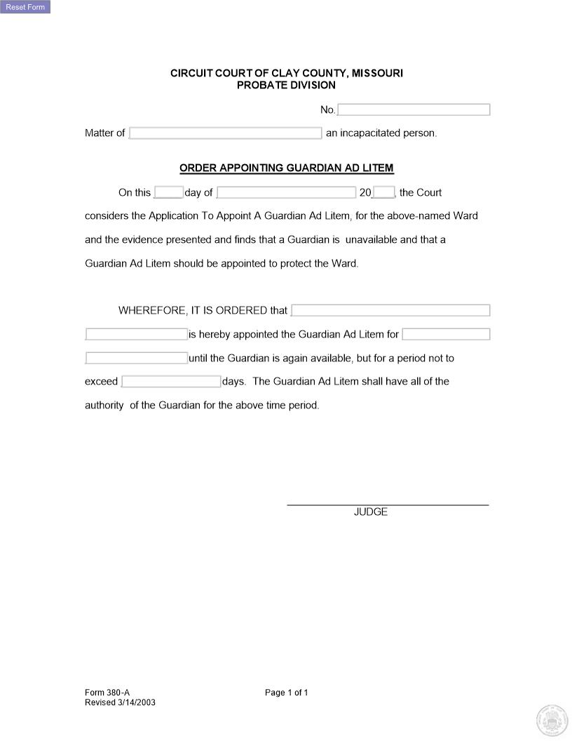 Order Appointing Guardian Ad Litem {380-A} | Pdf Fpdf Docx | Missouri