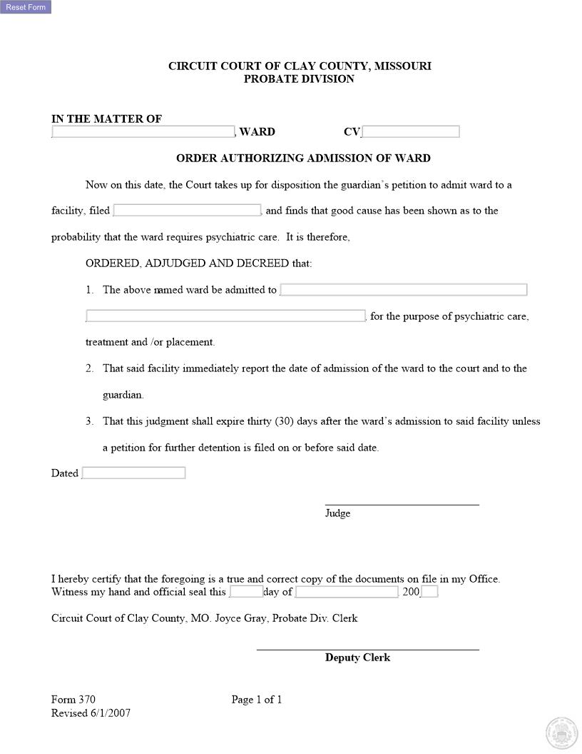 Order Authorizing Admission Of Ward {370} | Pdf Fpdf Docx | Missouri