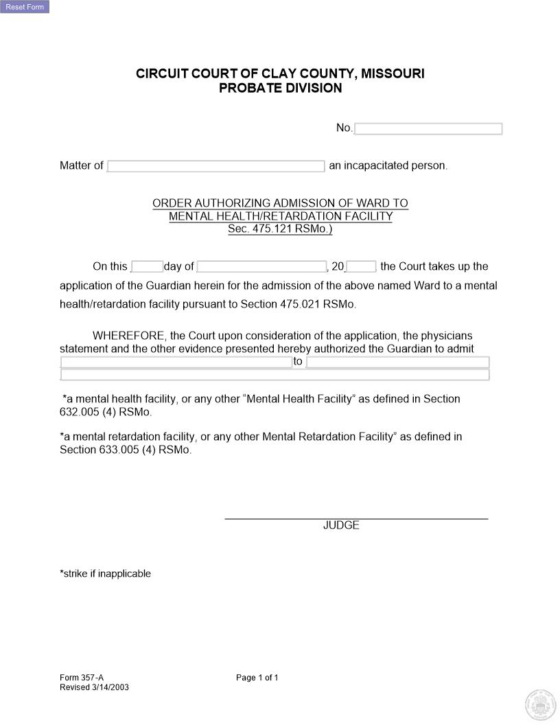 Order Authorizing Admission To Mental Health Facility {357-A} | Pdf Fpdf Docx | Missouri