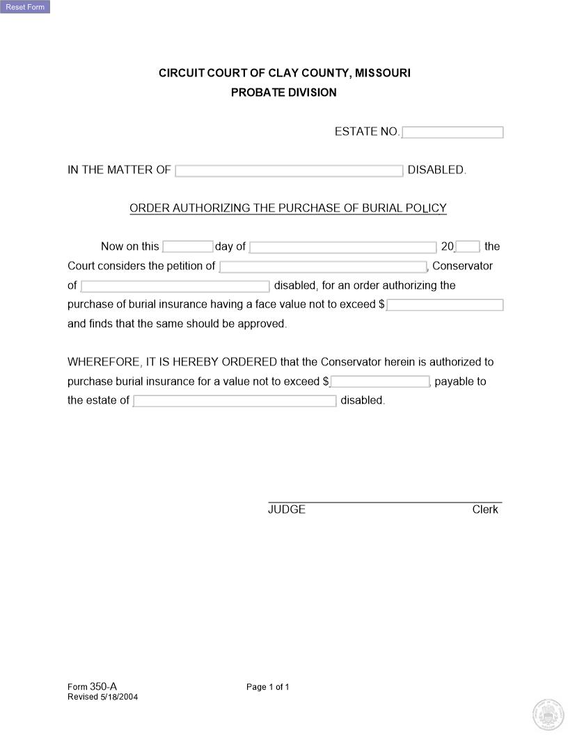 Order Authorizing Purchase Of Burial Policy {350-A} | Pdf Fpdf Docx | Missouri