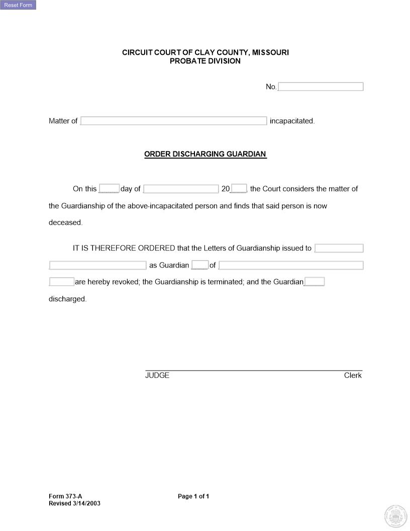 Order Discharging Guardian Due To Death Of Ward {373-A} | Pdf Fpdf Docx | Missouri