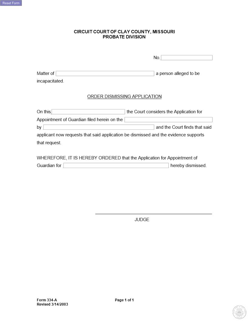 Order Dismissing Application For Guardian {334-A} | Pdf Fpdf Docx | Missouri