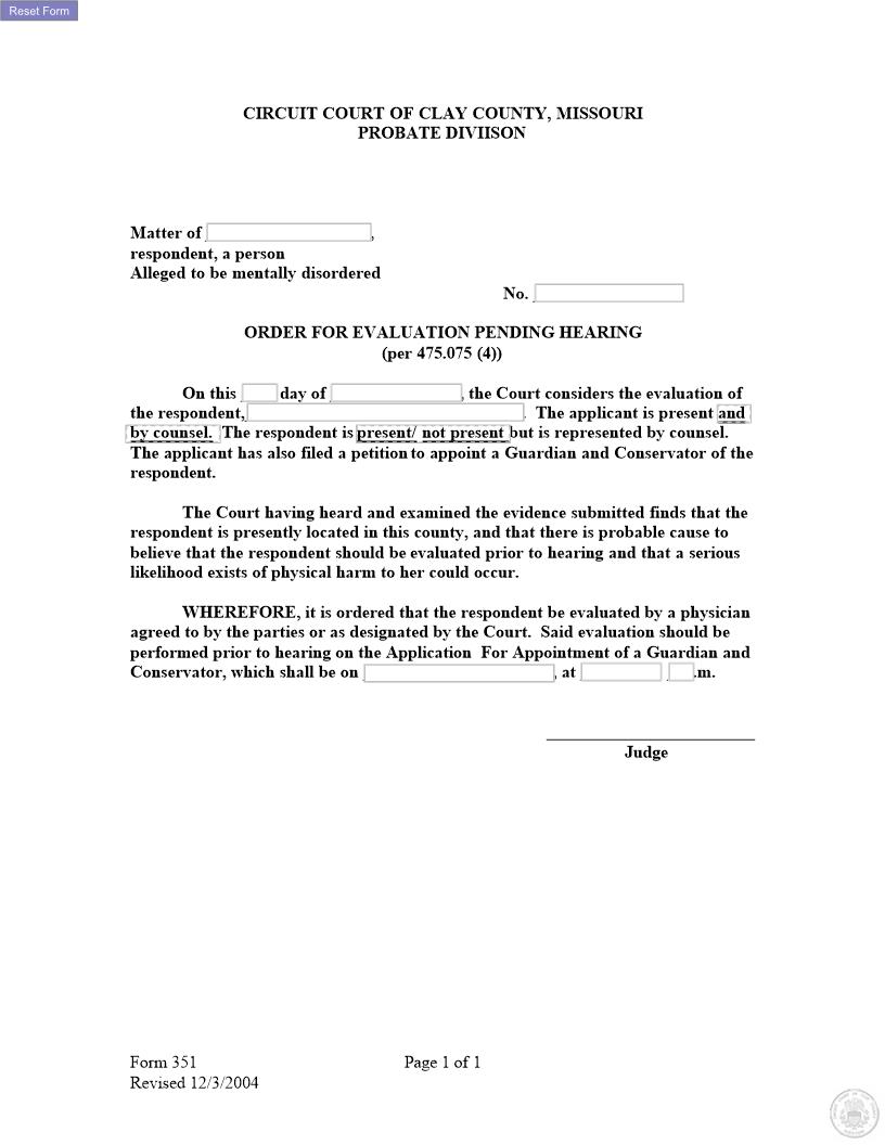 Order For Evaluation {351} | Pdf Fpdf Docx | Missouri