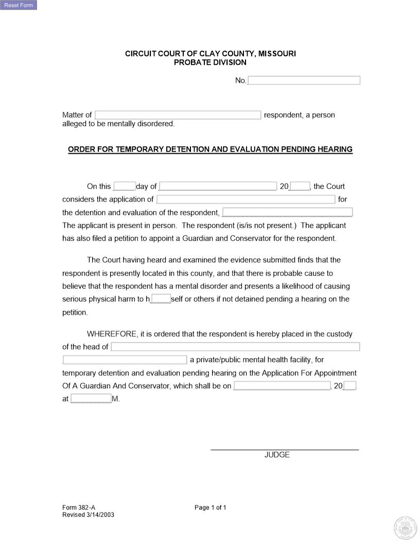 Order For Temporary Detention {382-A} | Pdf Fpdf Docx | Missouri
