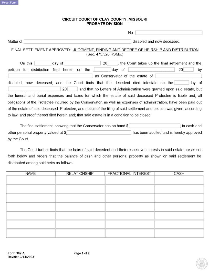 Order On Final Settlement And Distribution {367-A} | Pdf Fpdf Docx | Missouri