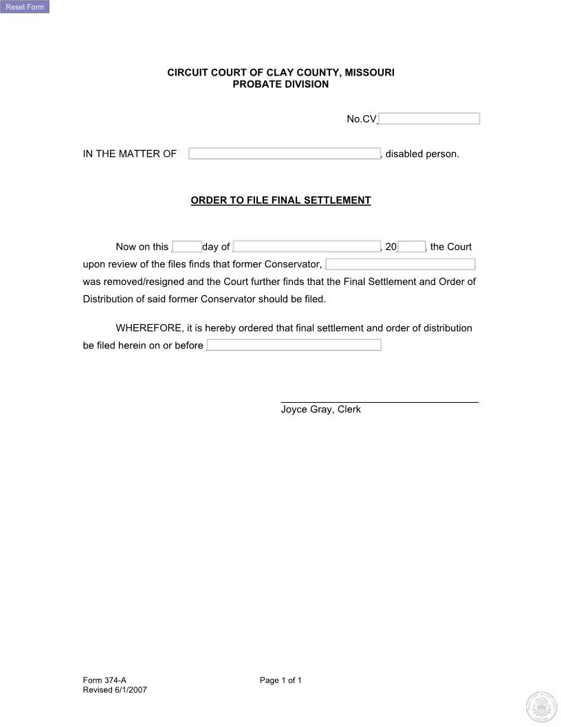 Order To File Final Settlement After Death Of Ward {374-A} | Pdf Fpdf Docx | Missouri