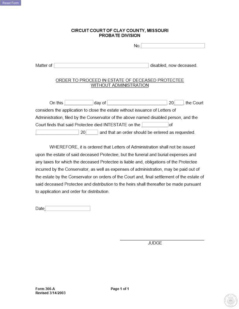 Order To Proceed In Estate Of Deceased {366-A} | Pdf Fpdf Docx | Missouri