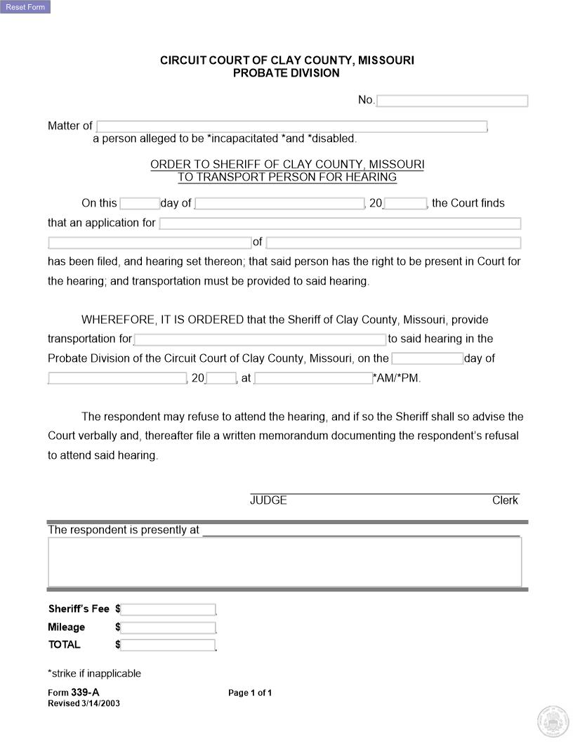 Order To Sheriff To Transport For Hearing {339-A} | Pdf Fpdf Docx | Missouri