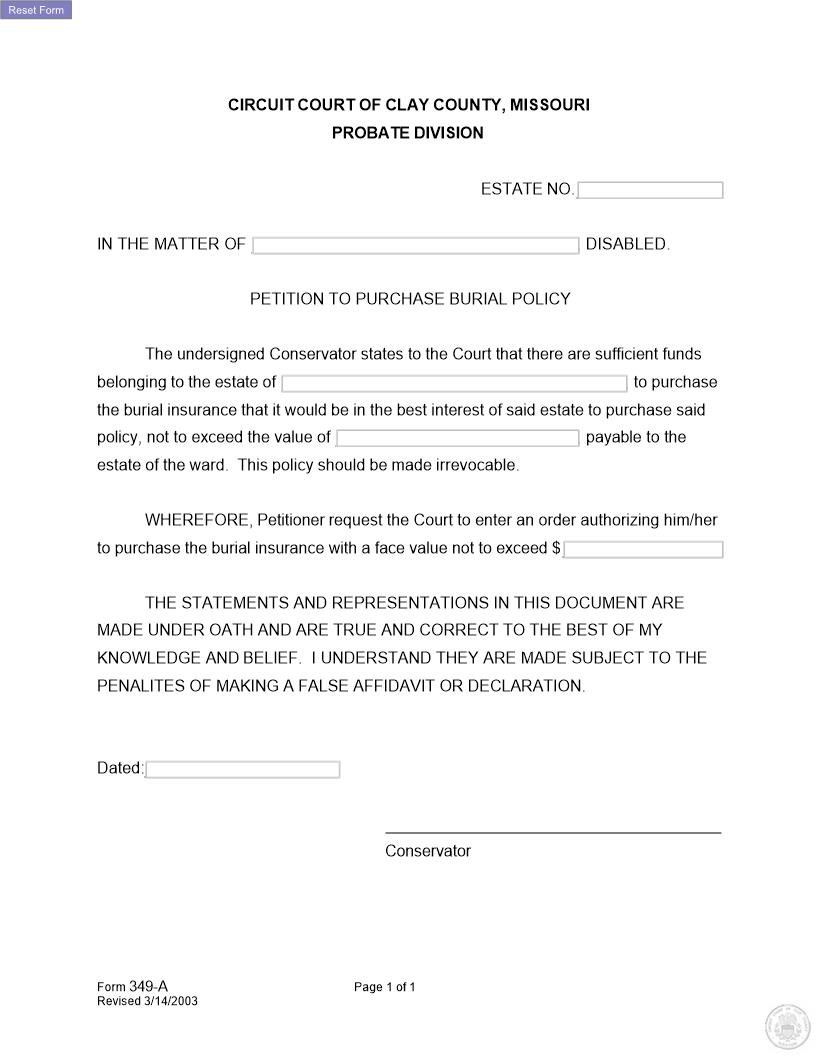 Petition To Purchase Burial Policy {349-A} | Pdf Fpdf Docx | Missouri