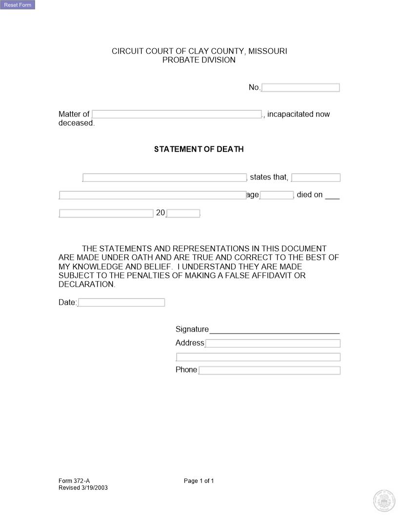 Statement Of Death {372-A} | Pdf Fpdf Docx | Missouri