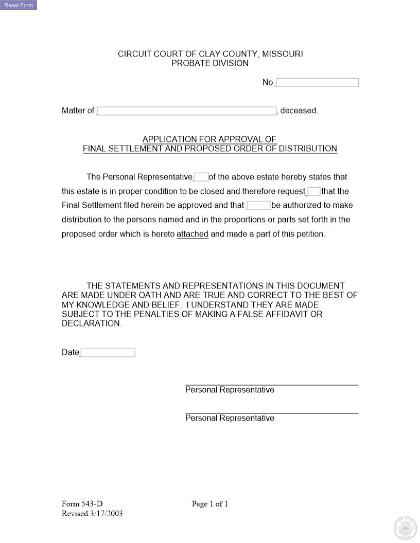 Application For Approval Of Final Settlement {543-D} | Pdf Fpdf Docx | Missouri