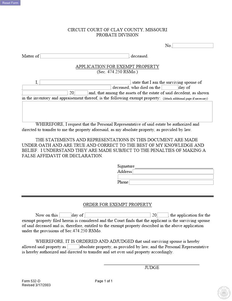 Application For Exempt Property {532-D} | Pdf Fpdf Docx | Missouri