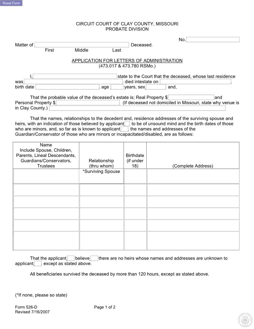 Application For Letters Of Administration {526-D} | Pdf Fpdf Docx | Missouri