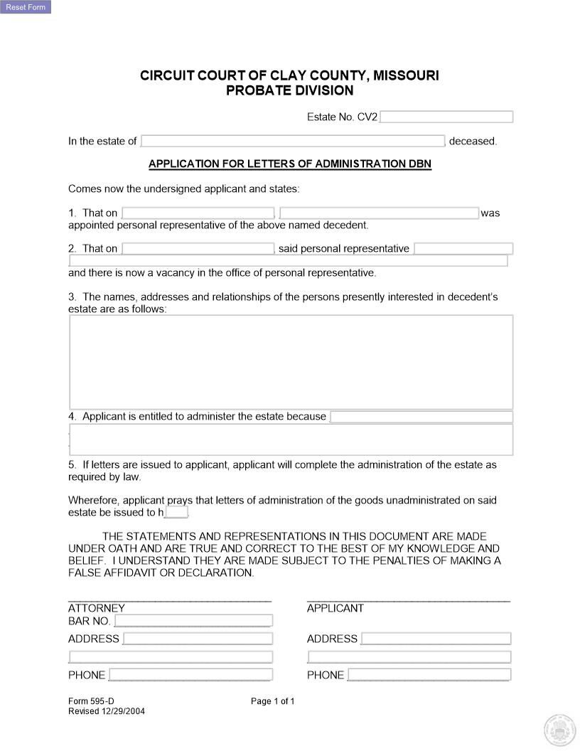Application For Letters Of Administration DBN {595-D} | Pdf Fpdf Docx | Missouri