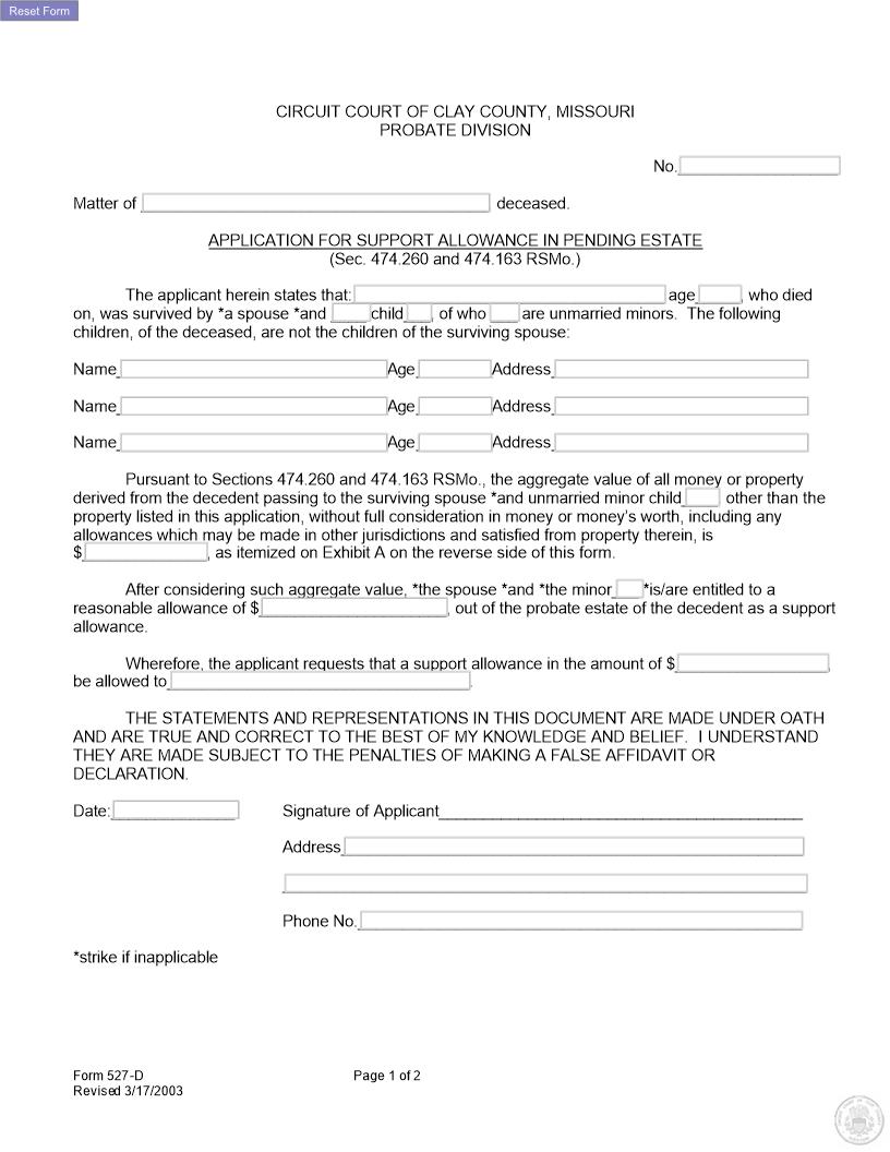 Application For Support Allowance In Pending Estate {527-D} | Pdf Fpdf Docx | Missouri
